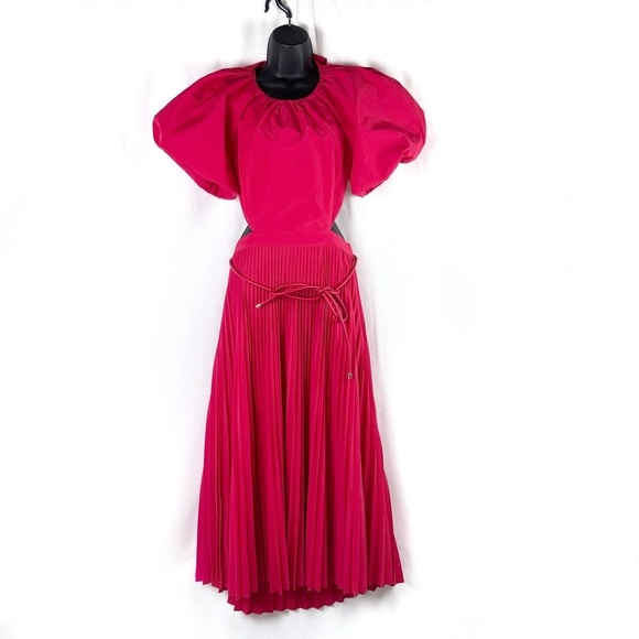 REBECCA VALLANCE Magdalena Red Puff Sleeve Open Back Cut Out Midi Dress US 10 - Picture 3 of 15